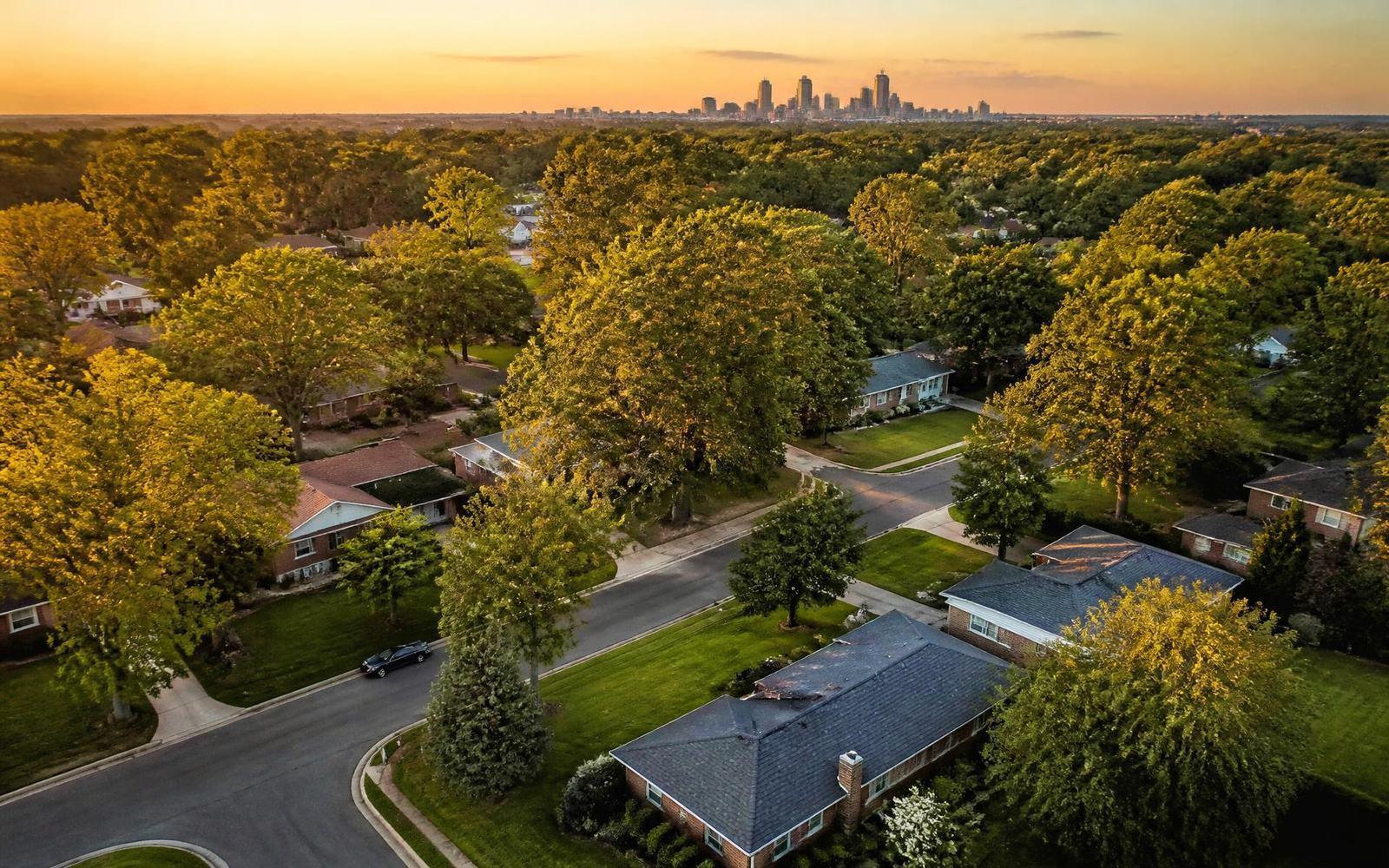 Tree-lined street of brick ranch homes in Sedgefield, Charlotte NC